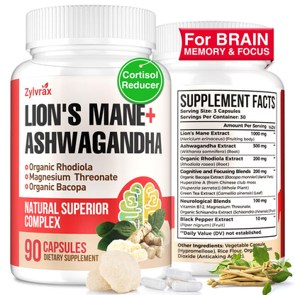 Ashwagandha & Lions Mane Capsules for Brain, Memory & Focus | 90 Capsules