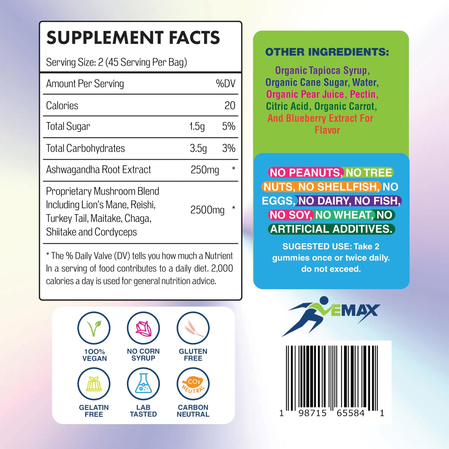 Ashwagandha & Lion’s Mane Gummies – Organic Vegan Mushroom Supplement for Immunity & Brain Health