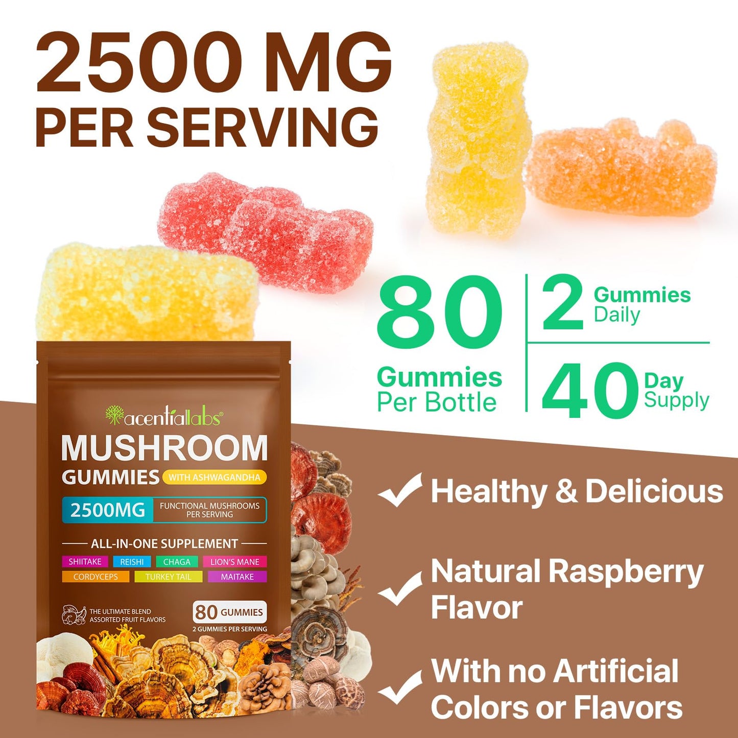 Ashwagandha Gummies with Super Mushroom Blend – Immune Support & Focus (Vegan, 80 Ct)