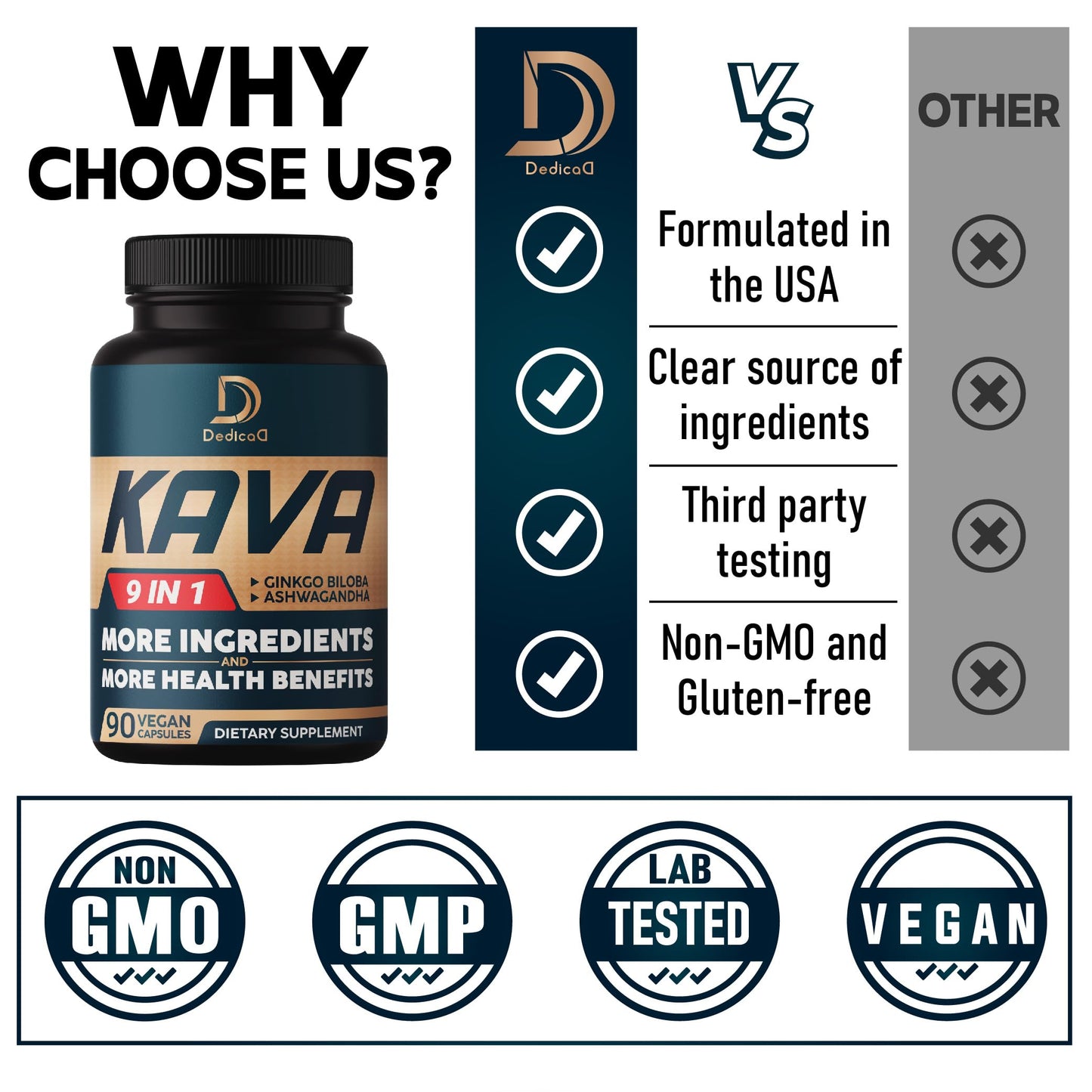 DEDICAD Kava Kava Capsules – 3-Month Supply, 90 Vegan Pills | 9-Herb Mood & Immune Support
