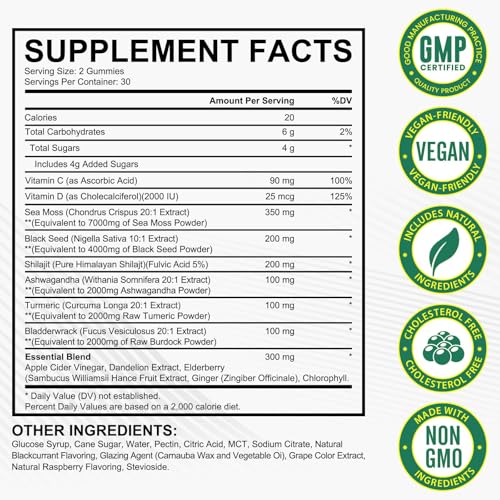 Vceeoy Sea Moss Gummies with Black Seed Oil, Ashwagandha & Ginger - 60 Gummies