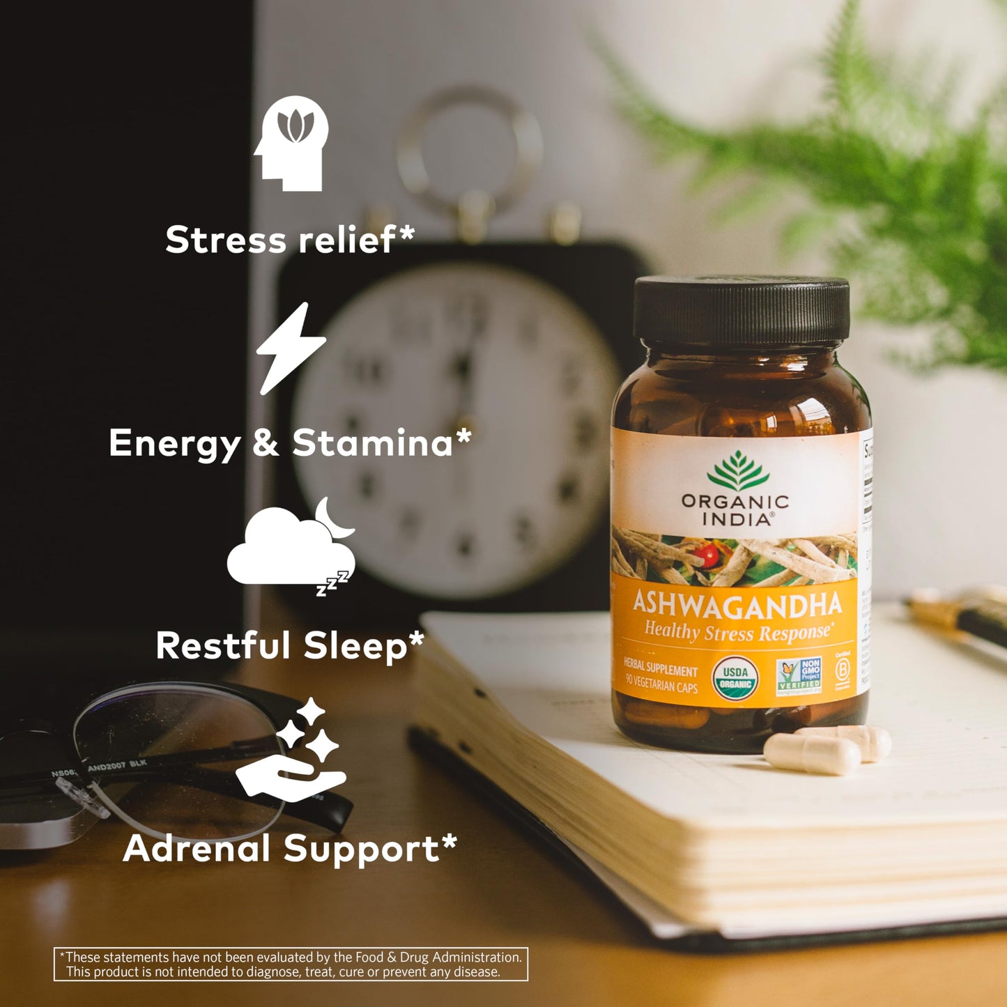 ORGANIC INDIA Ashwagandha Capsules - Organic Ashwagandha Supplement - Vegan, Gluten-Free, Kosher, Non-GMO - 180 Capsules