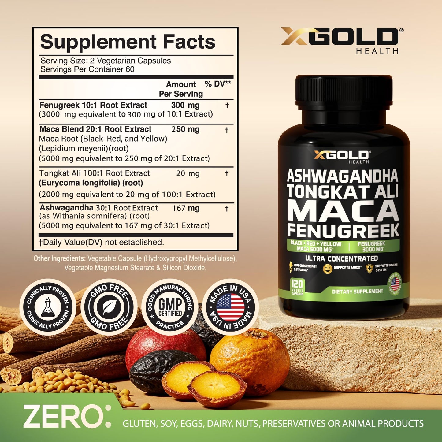 Ashwagandha 5000mg, Tongkat Ali 1000mg, Maca Root 5000mg | Fenugreek Supplement – Made in USA