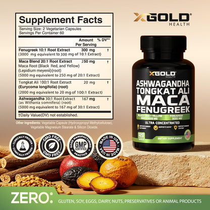 Ashwagandha 5000mg, Tongkat Ali 1000mg, Maca Root 5000mg | Fenugreek Supplement – Made in USA