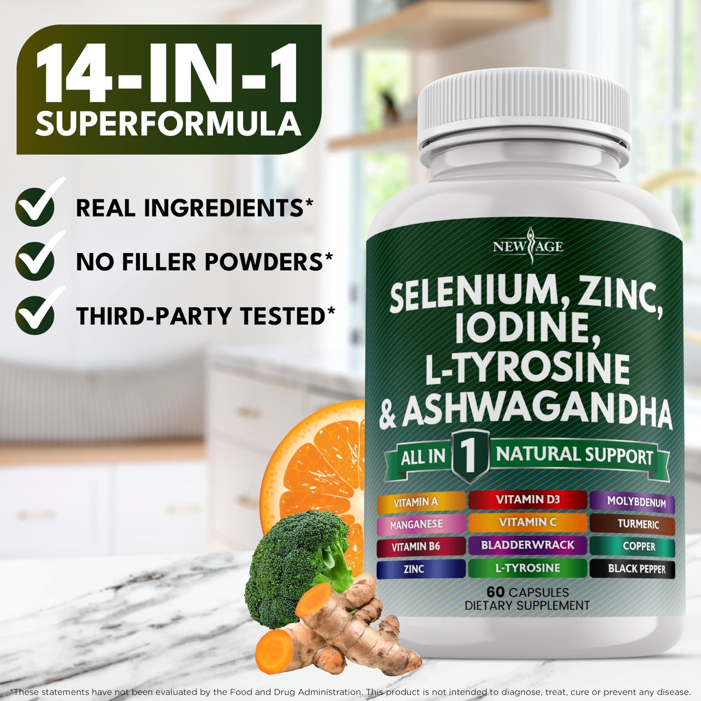 NEW AGE Thyroid Support Supplement with Selenium, Zinc, Iodine, L-Tyrosine, Ashwagandha — 60 Count (Pack of 3)