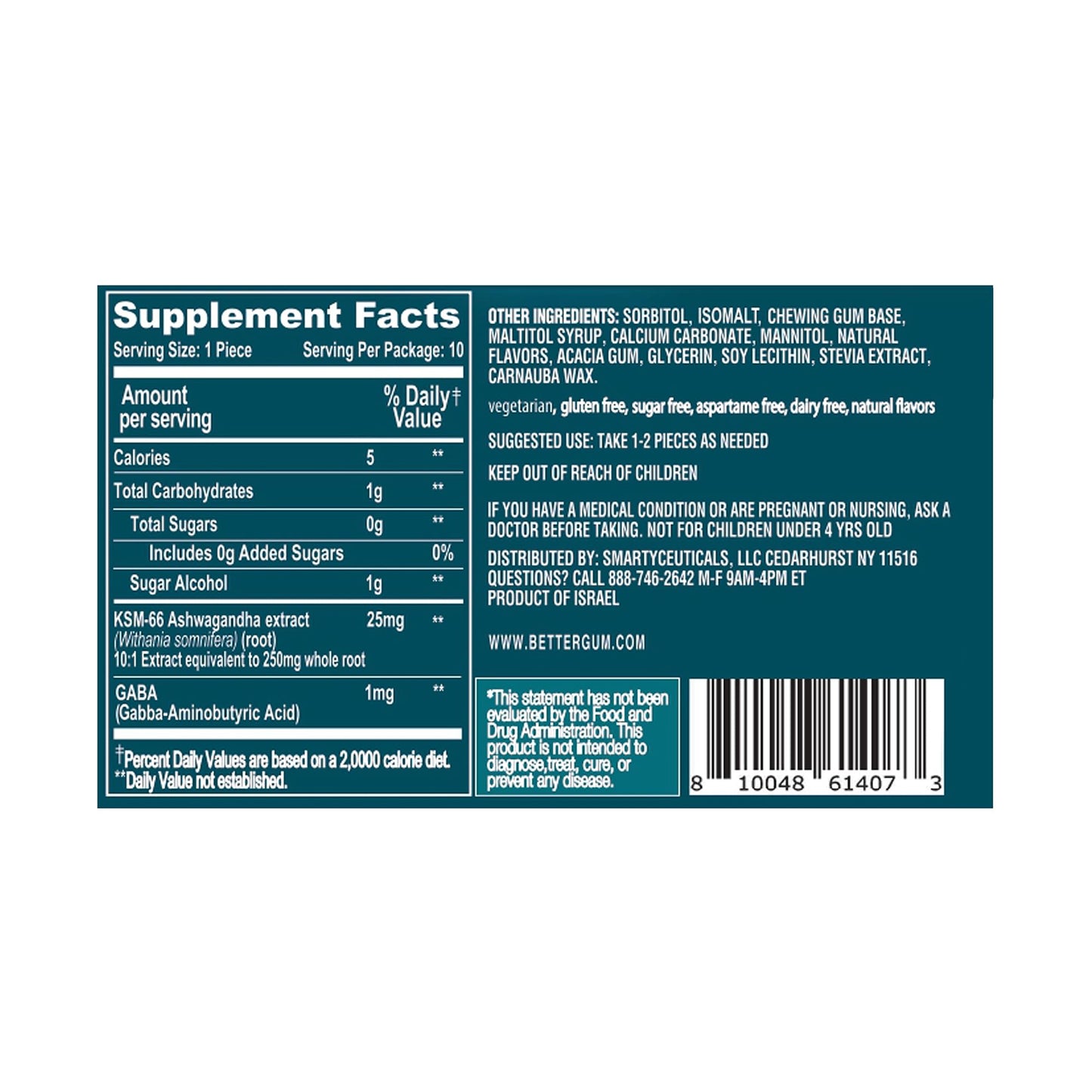 AshwaGum RELAX Gum by BetterGum – High Potency Ashwagandha + GABA, Sugar-Free Stress & Cortisol Support (10 Pieces) – 6 Pack