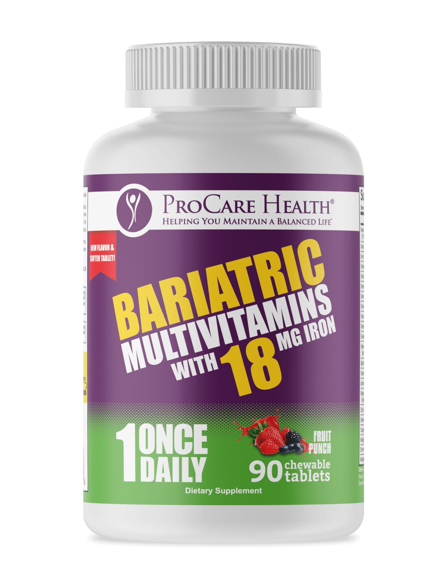 ProCare Health Bariatric Chewable Multivitamin with Iron 18mg (90 Tablets) - Fruit Punch Flavor - For Gastric Bypass & Sleeve Gastrectomy Patients* (3 Month Supply)