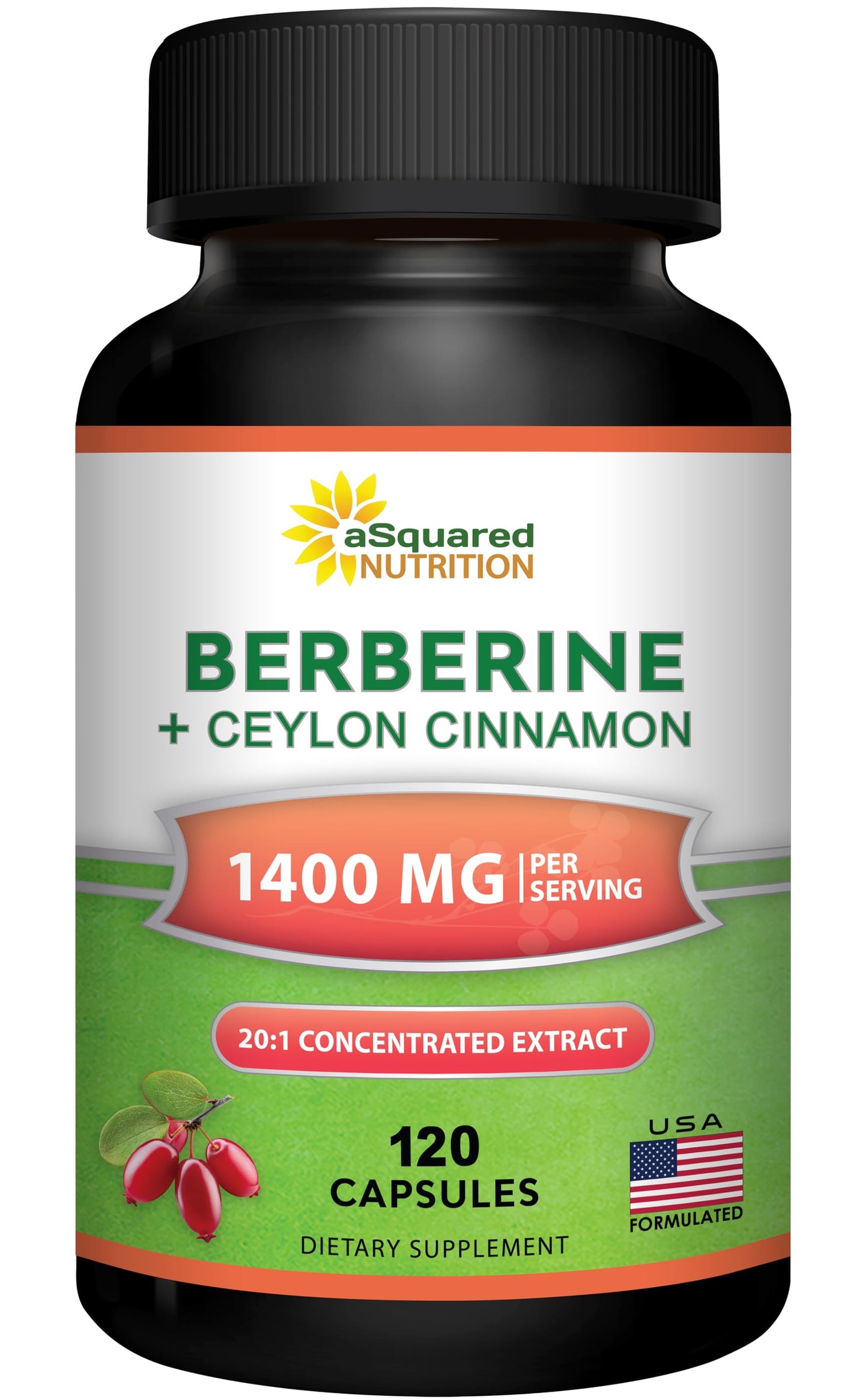 aSquared Nutrition Berberine with Ceylon Cinnamon – 1400mg Max Strength, 120 Capsules