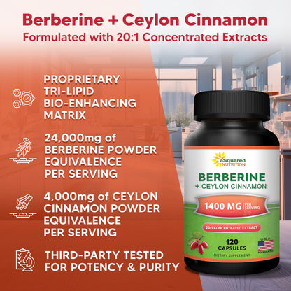 aSquared Nutrition Berberine with Ceylon Cinnamon – 1400mg Max Strength, 120 Capsules