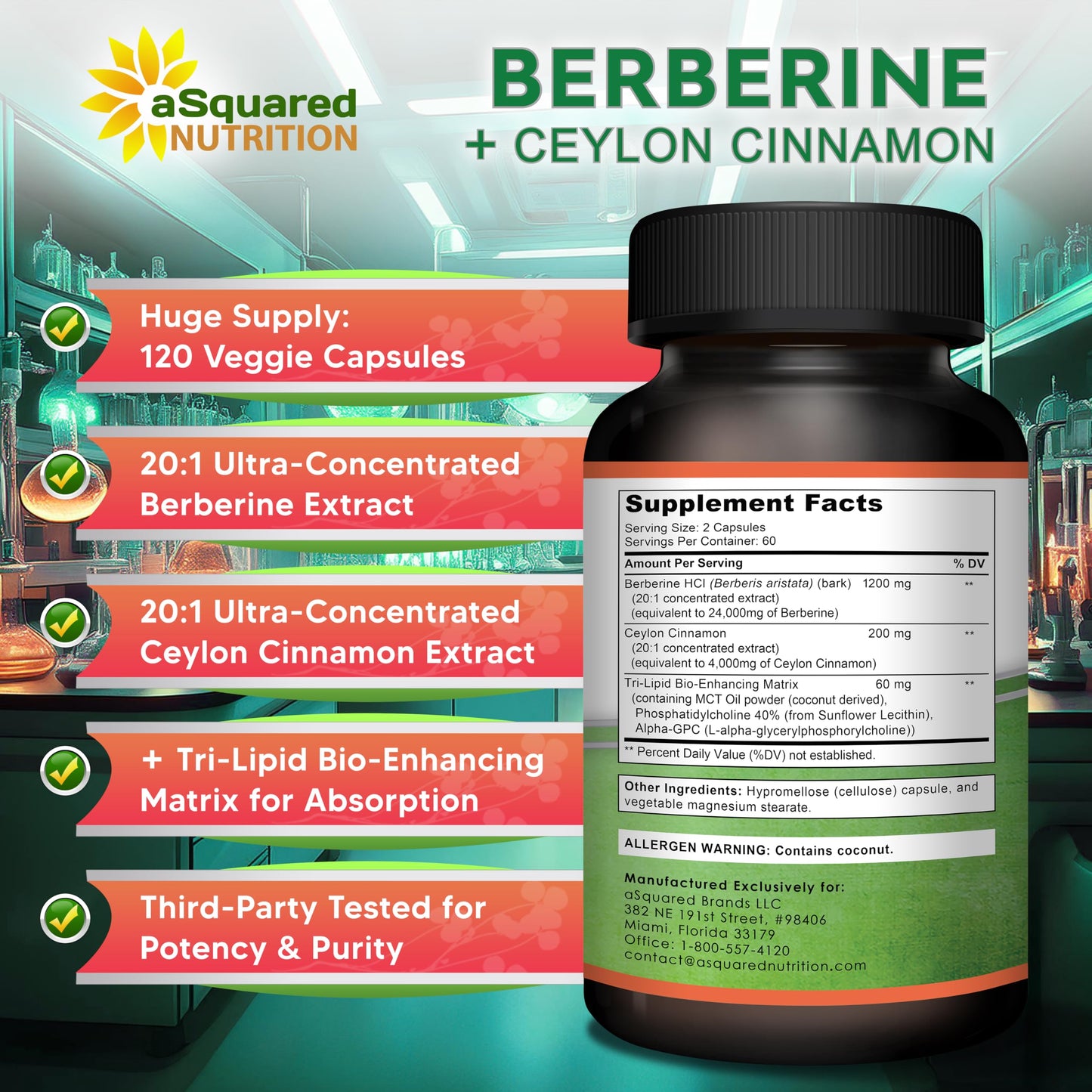 aSquared Nutrition Berberine with Ceylon Cinnamon – 1400mg Max Strength, 120 Capsules