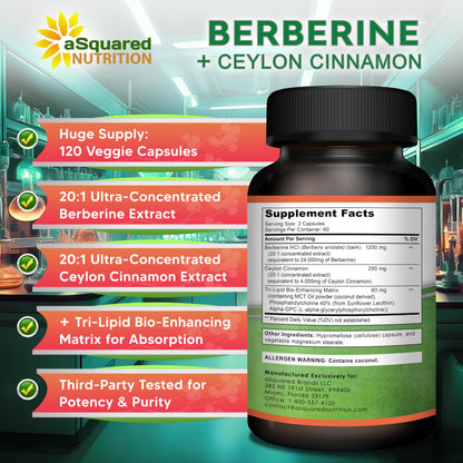 aSquared Nutrition Berberine with Ceylon Cinnamon – 1400mg Max Strength, 120 Capsules