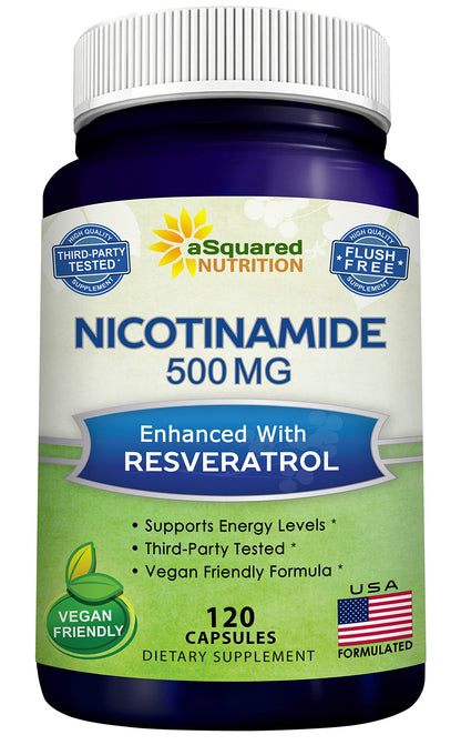 aSquared Nutrition Nicotinamide + Resveratrol - 120 Veggie Capsules | Vitamin B3 500mg (Nicotinamide Flush Free)