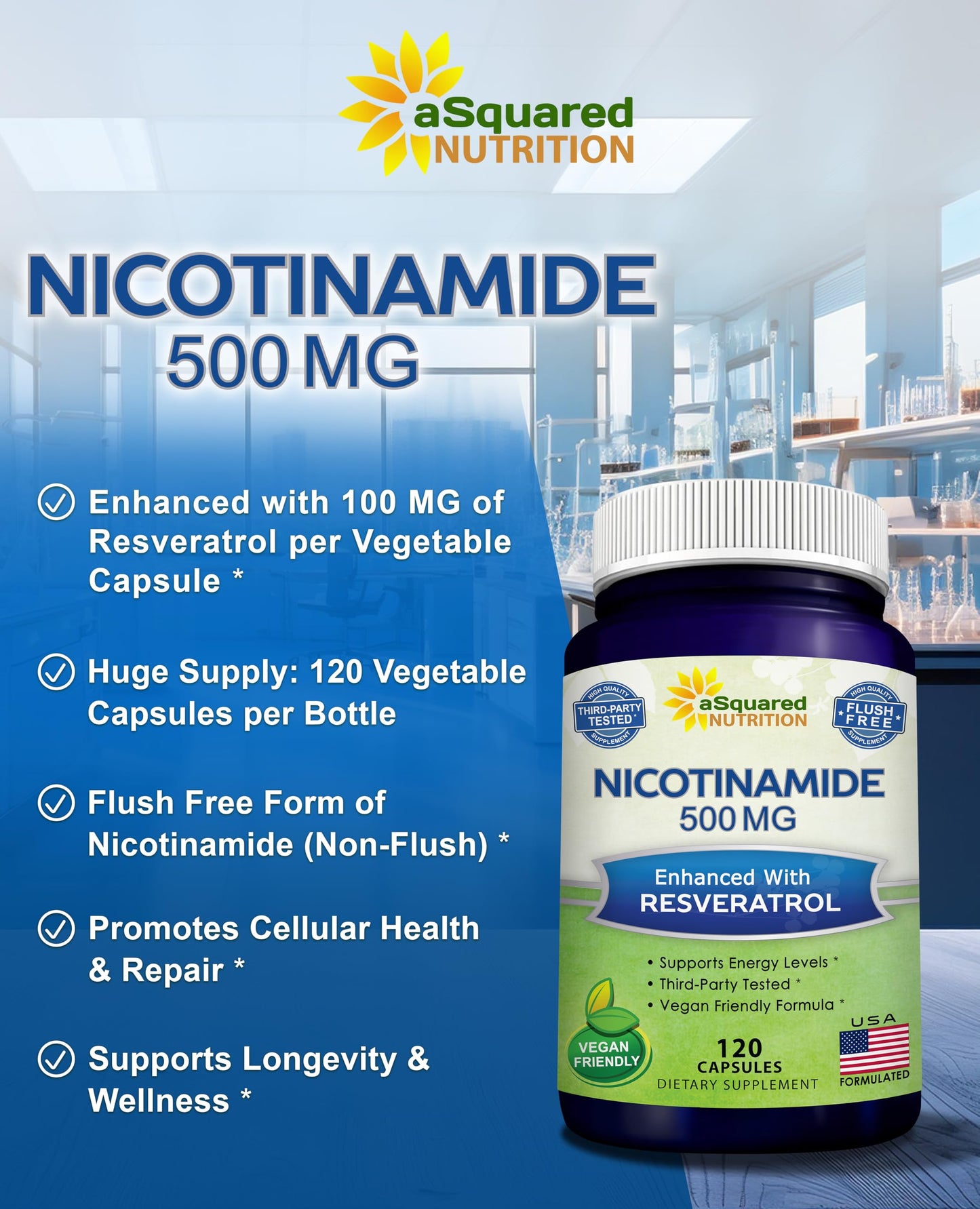 aSquared Nutrition Nicotinamide + Resveratrol - 120 Veggie Capsules | Vitamin B3 500mg (Nicotinamide Flush Free)
