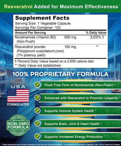 aSquared Nutrition Nicotinamide + Resveratrol - 120 Veggie Capsules | Vitamin B3 500mg (Nicotinamide Flush Free)
