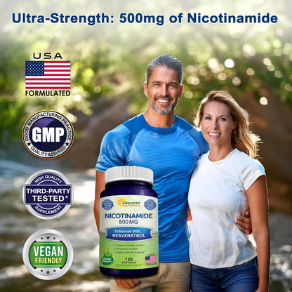 aSquared Nutrition Nicotinamide + Resveratrol - 120 Veggie Capsules | Vitamin B3 500mg (Nicotinamide Flush Free)