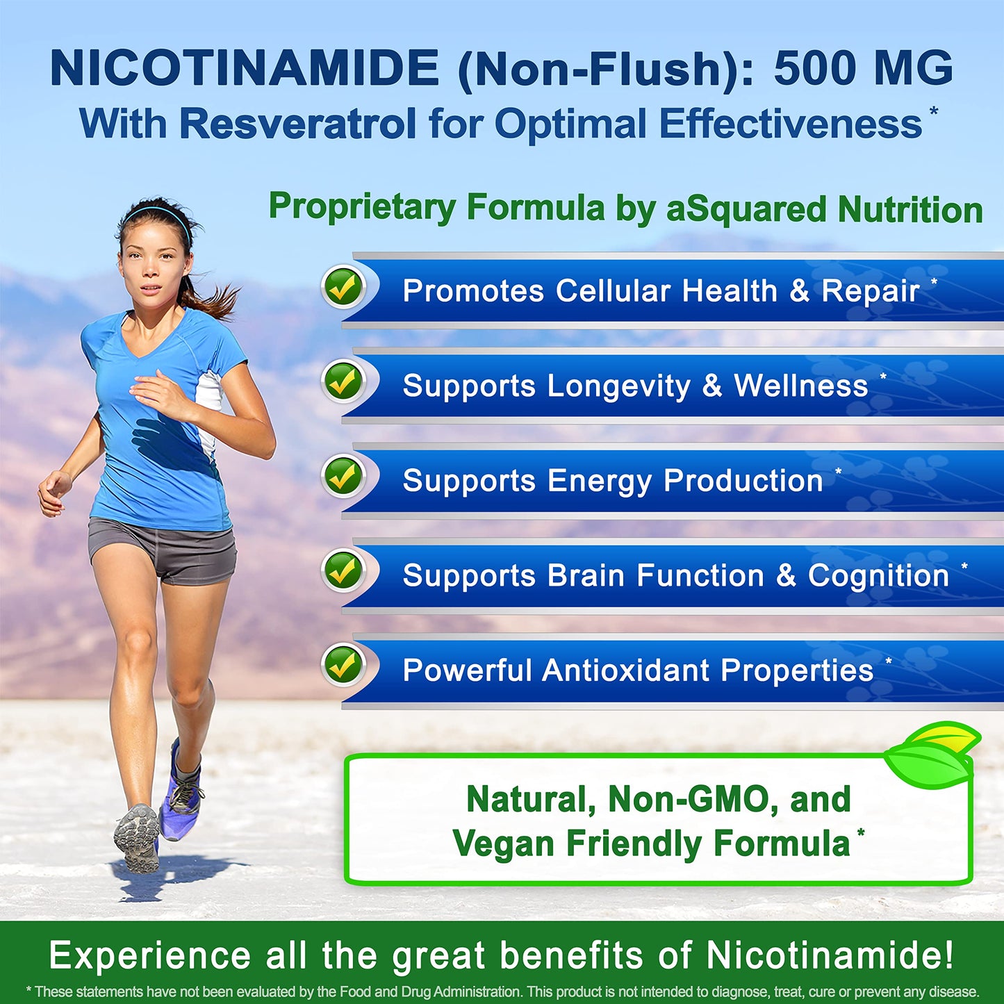 aSquared Nutrition Nicotinamide + Resveratrol - 120 Veggie Capsules | Vitamin B3 500mg (Nicotinamide Flush Free)