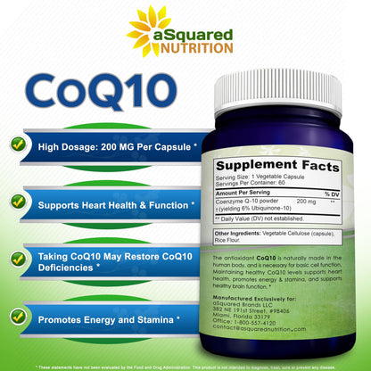 aSquared Nutrition CoQ10 200mg - 60 Capsules | Vegan CoQ10 Supplement