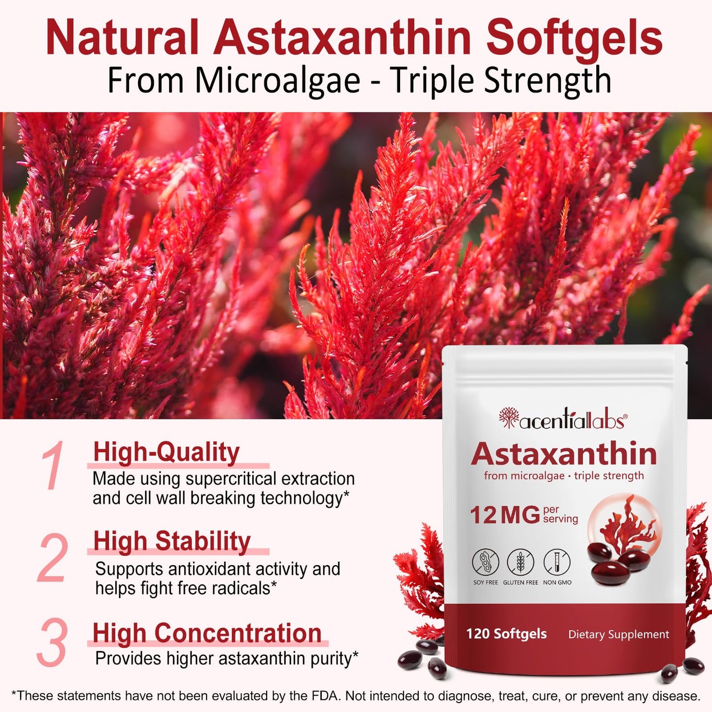 Astaxanthin 12mg Softgels 120 - Premium Antioxidant (Non-GMO & Gluten-Free) for Eye, Skin & Immune Support