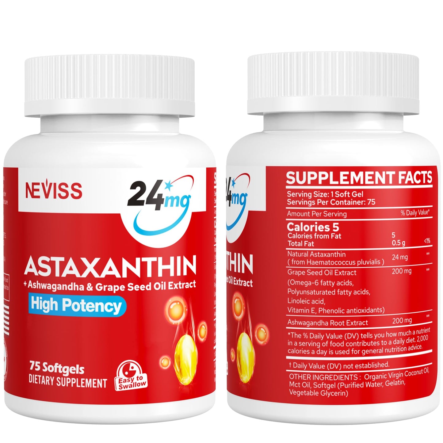 Astaxanthin Supplements 24mg – 150 Softgels, 5 Month Supply | Non-GMO, Gluten Free