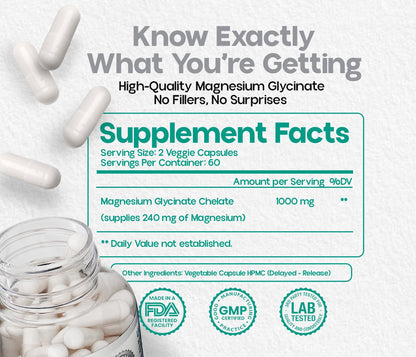 Atempo Magnesium Glycinate 1000mg – Chelated Capsule for Muscle Relaxation, Heart & Nerve Support | Vegan 120 Caps