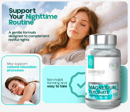 Atempo Magnesium Glycinate 1000mg – Chelated Capsule for Muscle Relaxation, Heart & Nerve Support | Vegan 120 Caps