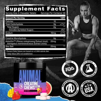 Animal Creatine Chews – 5g Creatine Monohydrate, AstraGin, Fruit Punch