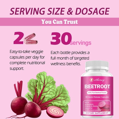 Etheray Beetroot Capsules - 1300mg per Serving | Organic Beetroot Powder - 60 Capsules