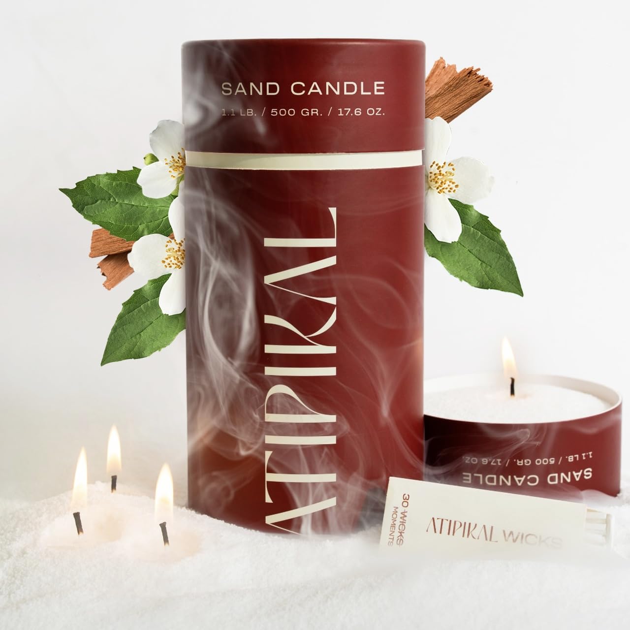 Atipikal Sand Candle 18oz – Saldalwood Jasmine Pearled Wick Candle, 120h Burn