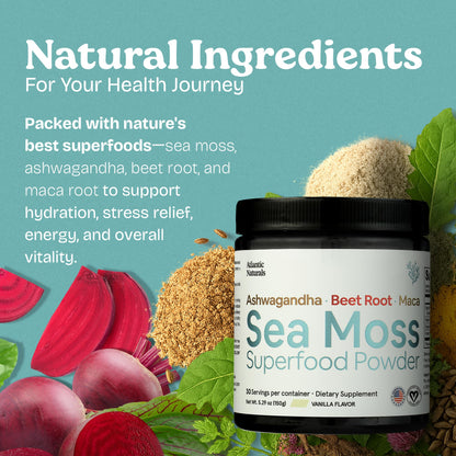 Atlantic Naturals Sea Moss Superfood Powder with Ashwagandha, Beet Root & Maca – Vanilla (150g)