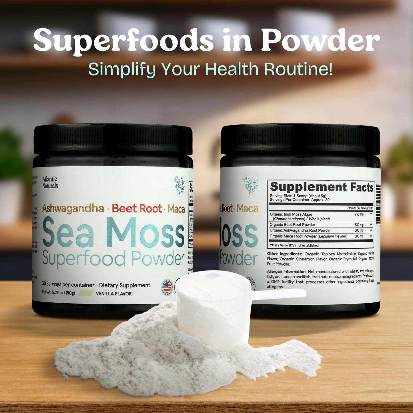 Atlantic Naturals Sea Moss Superfood Powder with Ashwagandha, Beet Root & Maca – Vanilla (150g)