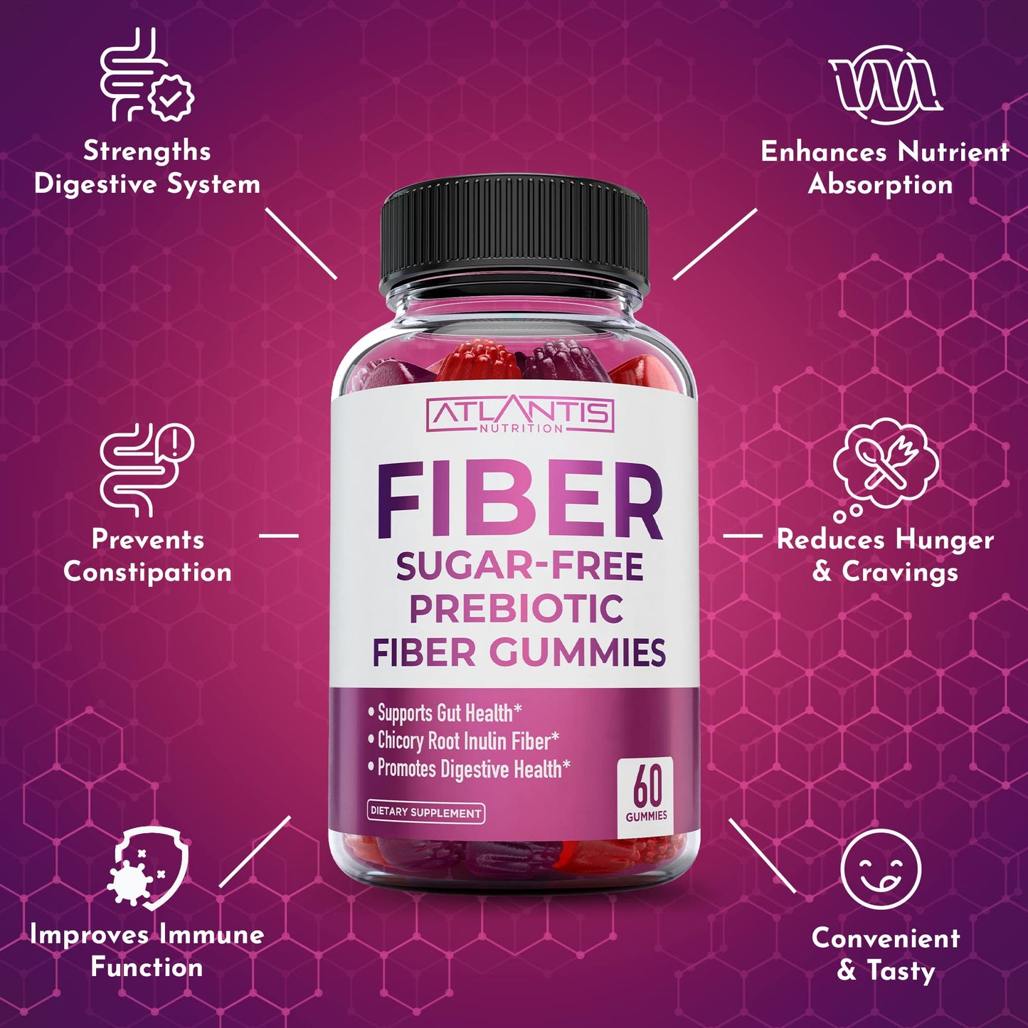 Atlantis Nutrition Sugar Free Fiber Gummies for Adults – 5G Fiber + 5.4G Prebiotic Digestive Blend (2-Pack, 120 Gummies)