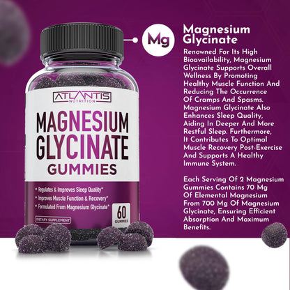 Atlantis Nutrition Magnesium Glycinate Gummies 700mg – Vegan Magnesium Glycinate for Kids & Adults | Sleep & Muscle Support | 60 Count