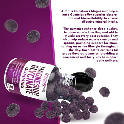 Atlantis Nutrition Magnesium Glycinate Gummies 700mg – Vegan Magnesium Glycinate for Kids & Adults | Sleep & Muscle Support | 60 Count