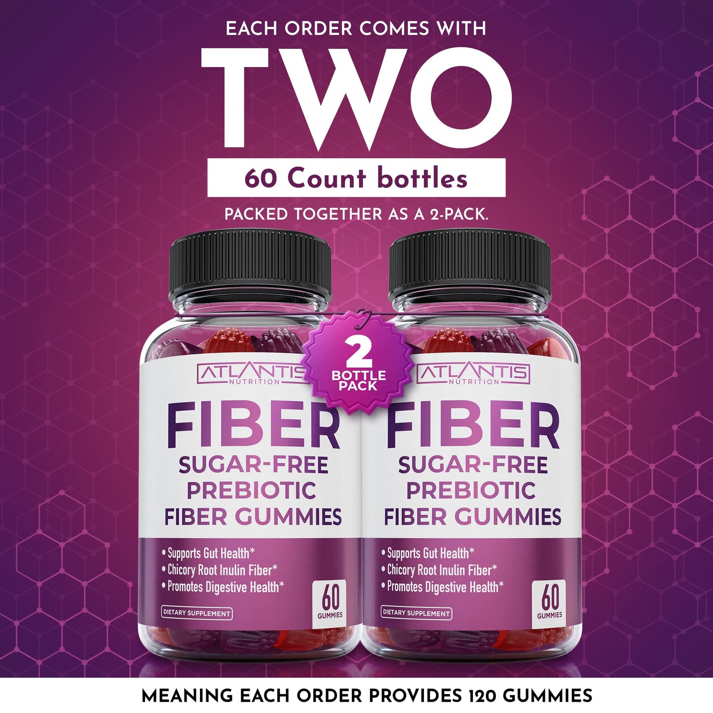 Atlantis Nutrition Sugar Free Fiber Gummies for Adults – 5G Fiber + 5.4G Prebiotic Digestive Blend (2-Pack, 120 Gummies)