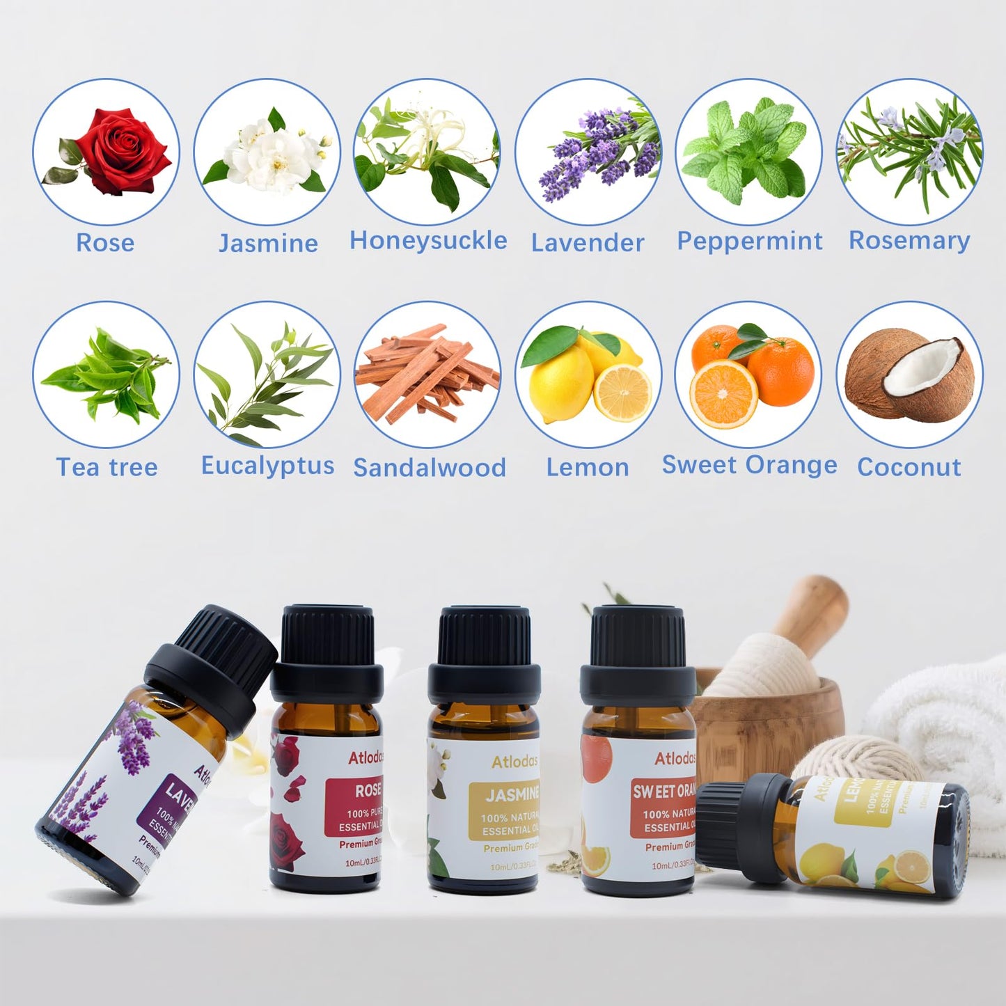 Atlodas 12 Natural Essential Oils Set | Organic Diffuser Aromatherapy Oils
