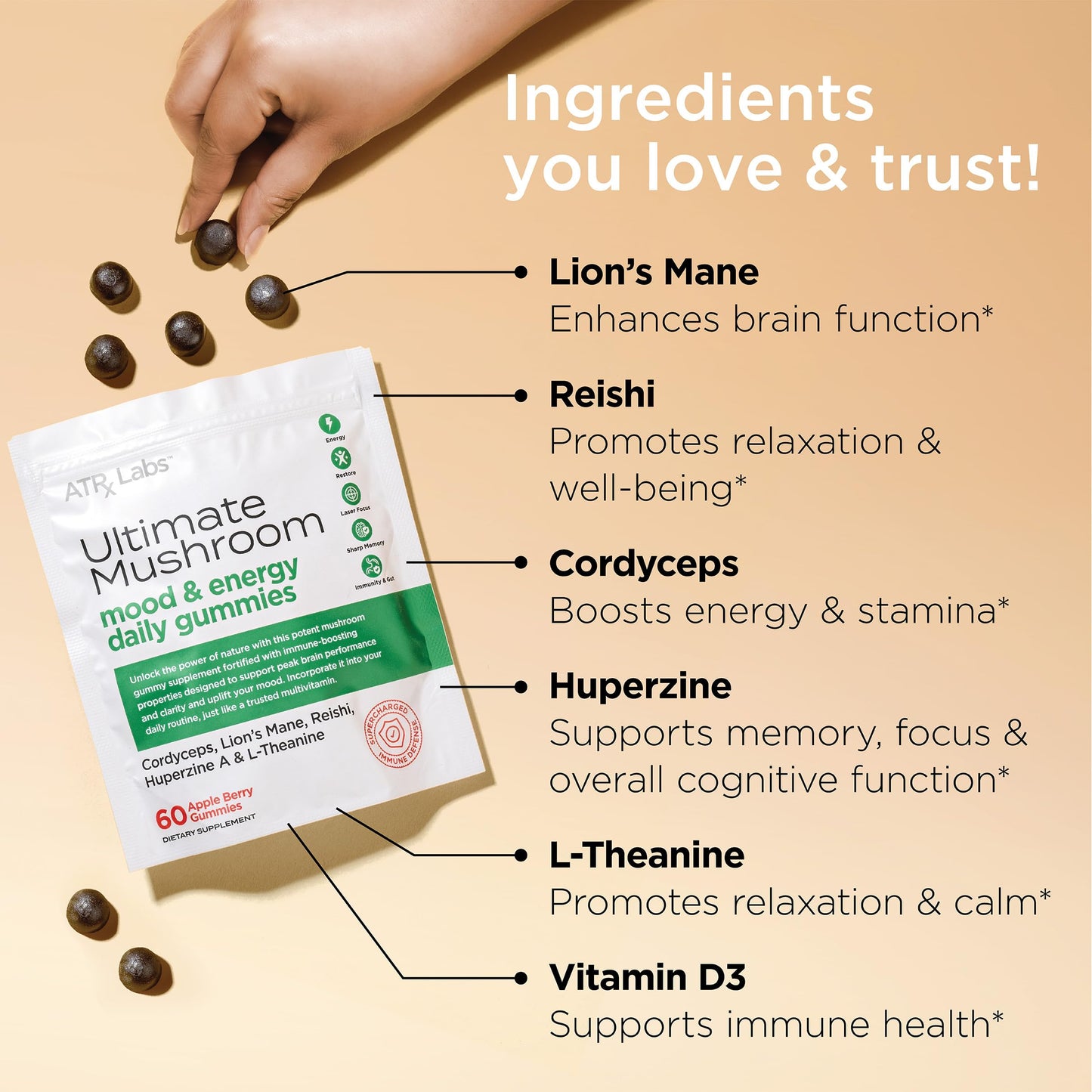 ATRx Labs Ultimate Mushroom Daily Gummies – Cordyceps, Lion's Mane, Reishi (60 ct)