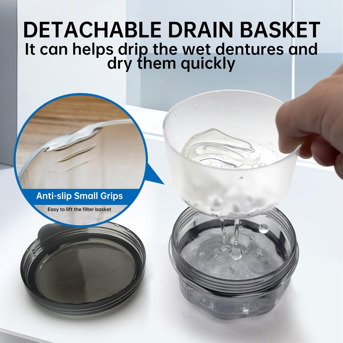 Leak Proof Denture Cups - Travel Bath Case with Brush, Transparent Black