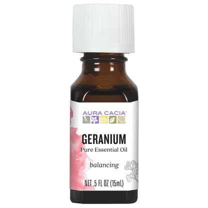 Aura Cacia 100% Pure Geranium Essential Oil | GC/MS Tested for Purity | 15 ml (0.5 fl oz) | Pelargonium graveolens