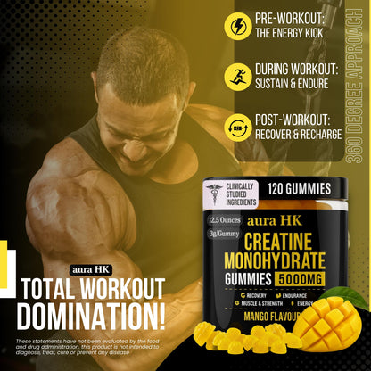 aura HK Creatine Monohydrate Gummies 5000mg 120 Count Sugar Free for Men & Women - Mango Flavor Vegan Creatine Supplement for Muscle Strength, Energy, Endurance & Workout Gummies