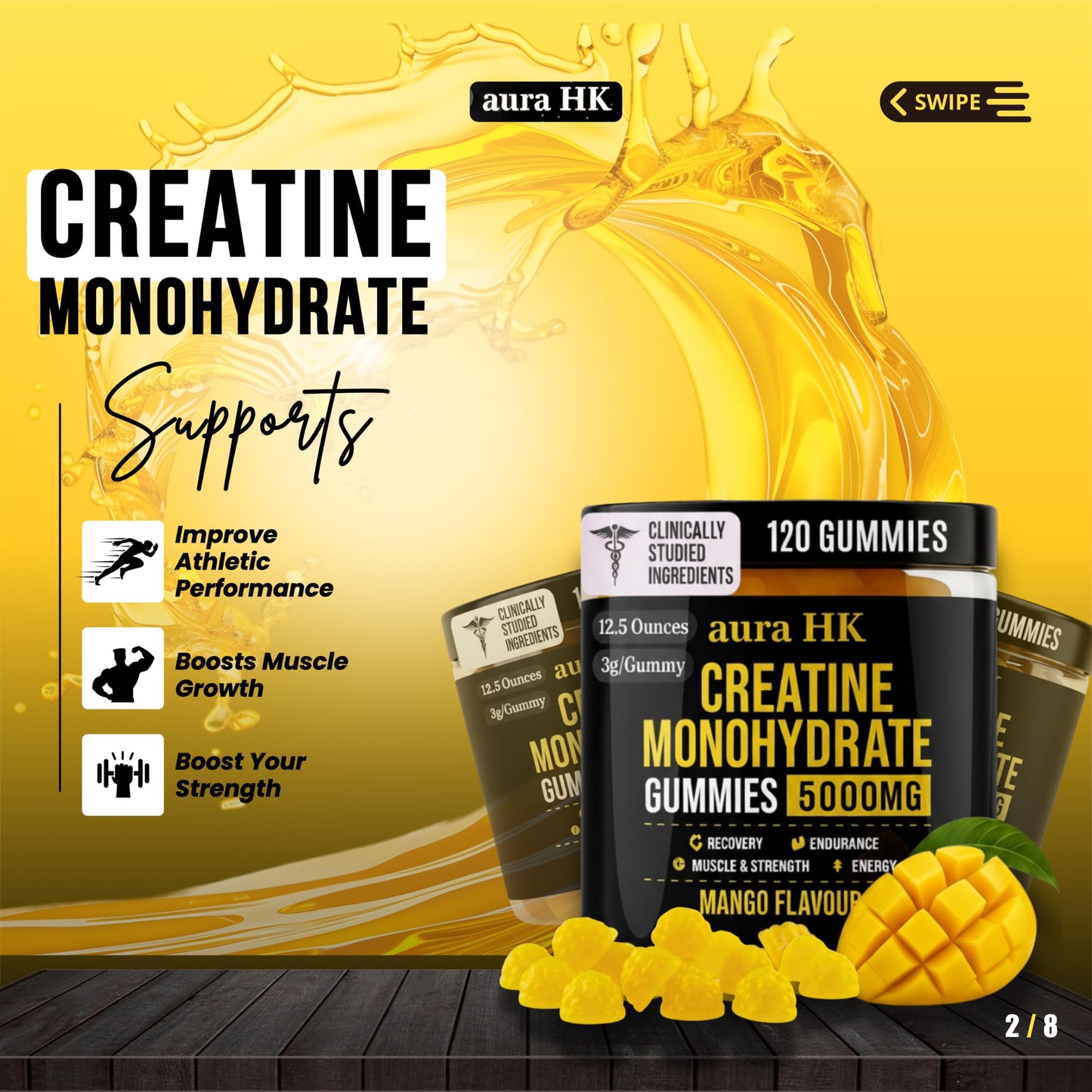 aura HK Creatine Monohydrate Gummies 5000mg 120 Count Sugar Free for Men & Women - Mango Flavor Vegan Creatine Supplement for Muscle Strength, Energy, Endurance & Workout Gummies