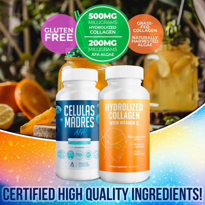 Aura Vitamin Mega Antioxidant Bundle – Hydrolyzed Collagen & AFA Stem Cell | Celula Madre Skin, Hair & Nails (60 Capsules)