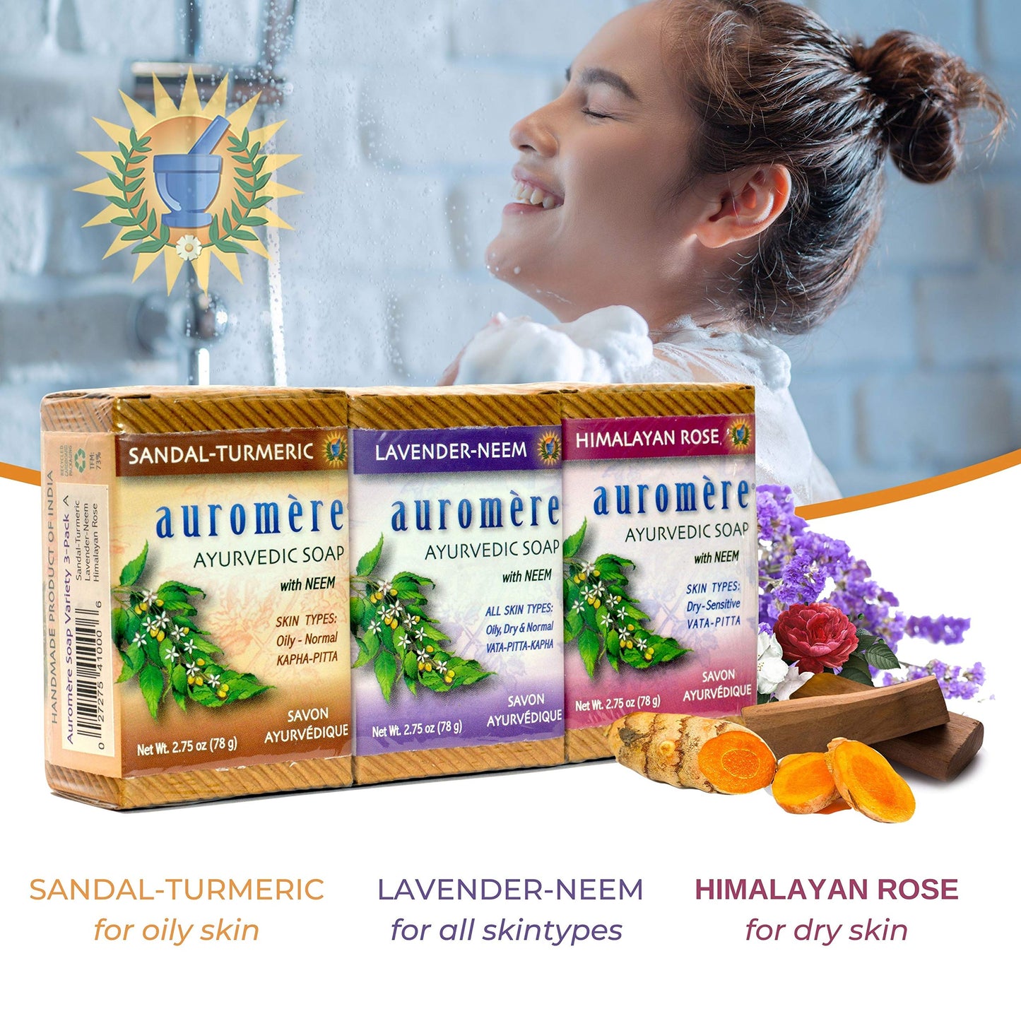 Auromere Ayurvedic Soap Variety Pack – 3 x 2.75oz Handmade Vegan Bars with Neem & Ayurvedic Herbs