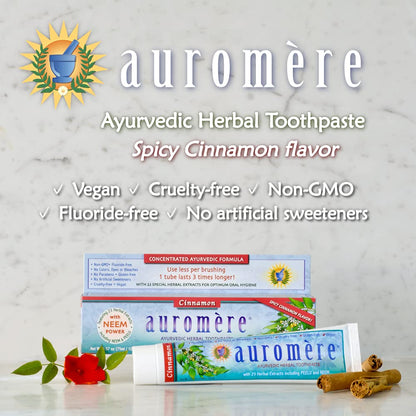 Auromere Ayurvedic Cinnamon Toothpaste - Vegan, Fluoride Free, Neem & Peelu, 2-Pack