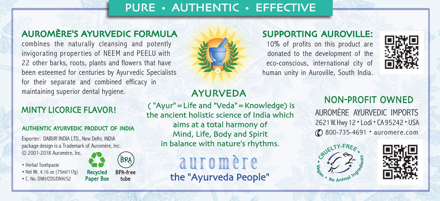 Auromere Ayurvedic Toothpaste – Licorice, Vegan, Fluoride Free, Neem & Peelu (4.16 oz) 4 Pack
