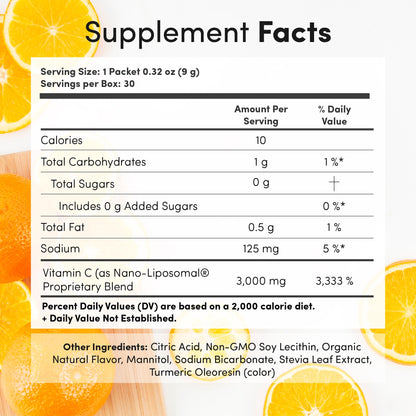 Aurora Nutrascience Nano-Pack Liposomal Vitamin C Powder Drink Mix – Immune Support, 3,000 mg per Serving, 30 Packets, Orange