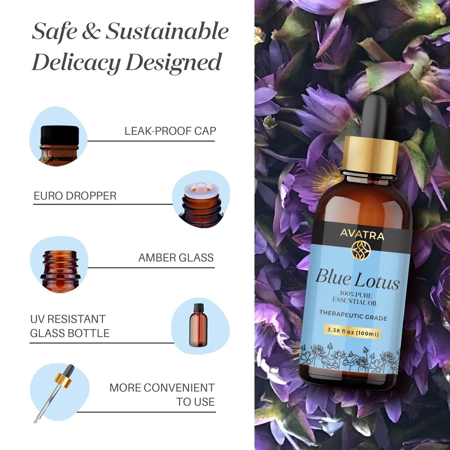 Avatra Blue Lotus Essential Oil – Undiluted, Therapeutic Grade for Diffuser, Skin & Candles (3.38 Fl Oz)