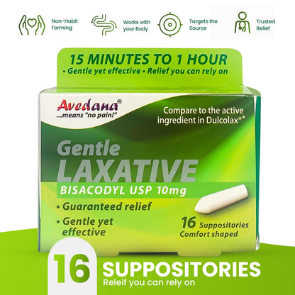 AVEDANA Bisacodyl Suppositories 10 mg USP | Fast, Gentle Constipation Relief (16 Count)