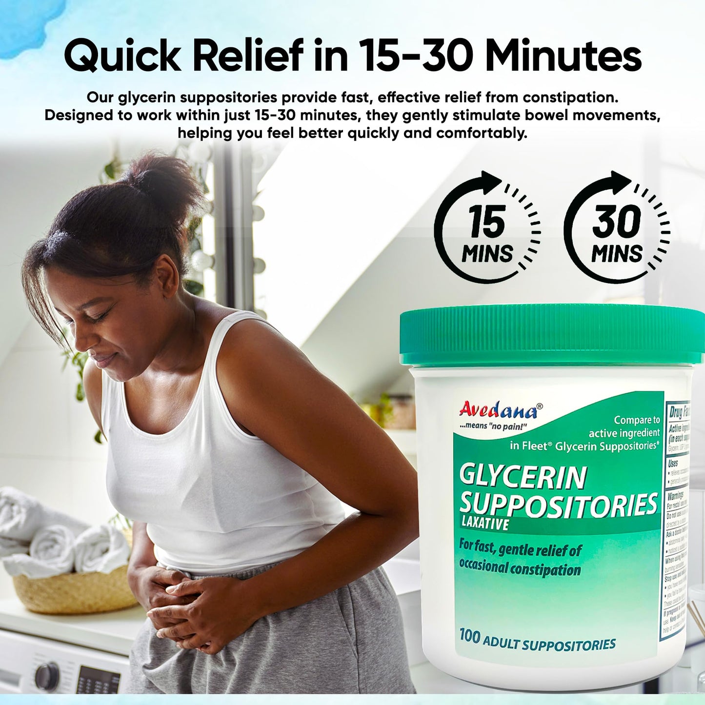 AVEDANA Glycerin Suppositories – 25 Adult Size Laxatives for Gentle, Fast Constipation Relief