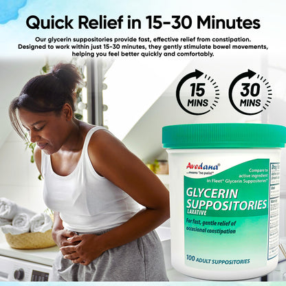 AVEDANA Glycerin Suppositories – 25 Adult Size Laxatives for Gentle, Fast Constipation Relief