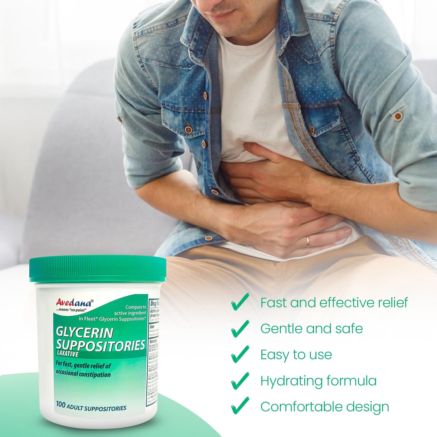 AVEDANA USP 2g Glycerin Laxatives Suppositories – 100 Adult Size – Fast, Gentle Relief
